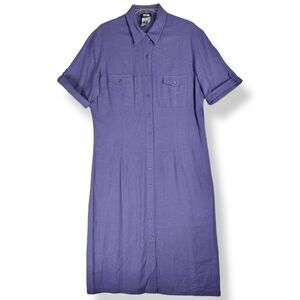 Vintage Button Down Maxi Shirt Dress Size 16 Collared Linen Purple‎ Preppy 90s